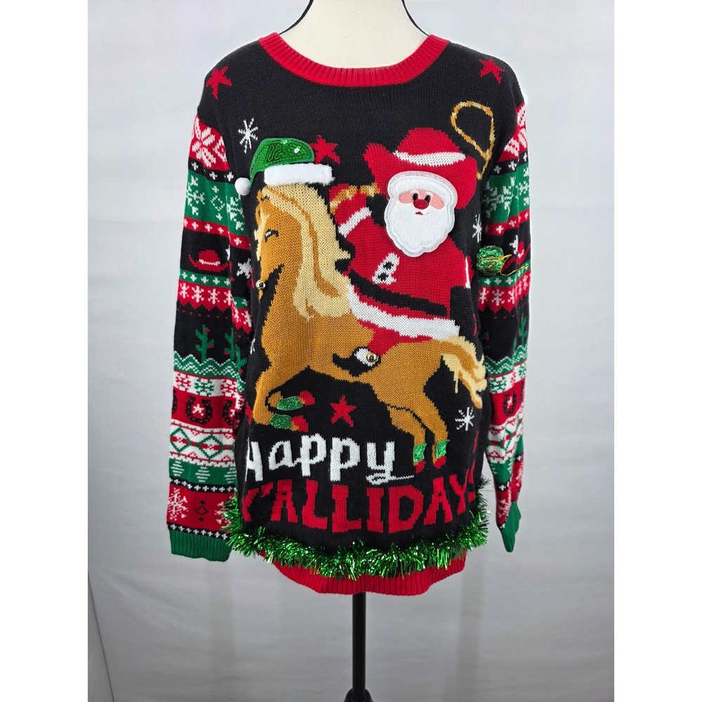 No Boundaries Happy Y'allidays Santa Horse Ugly Christmas Sweater XL Black